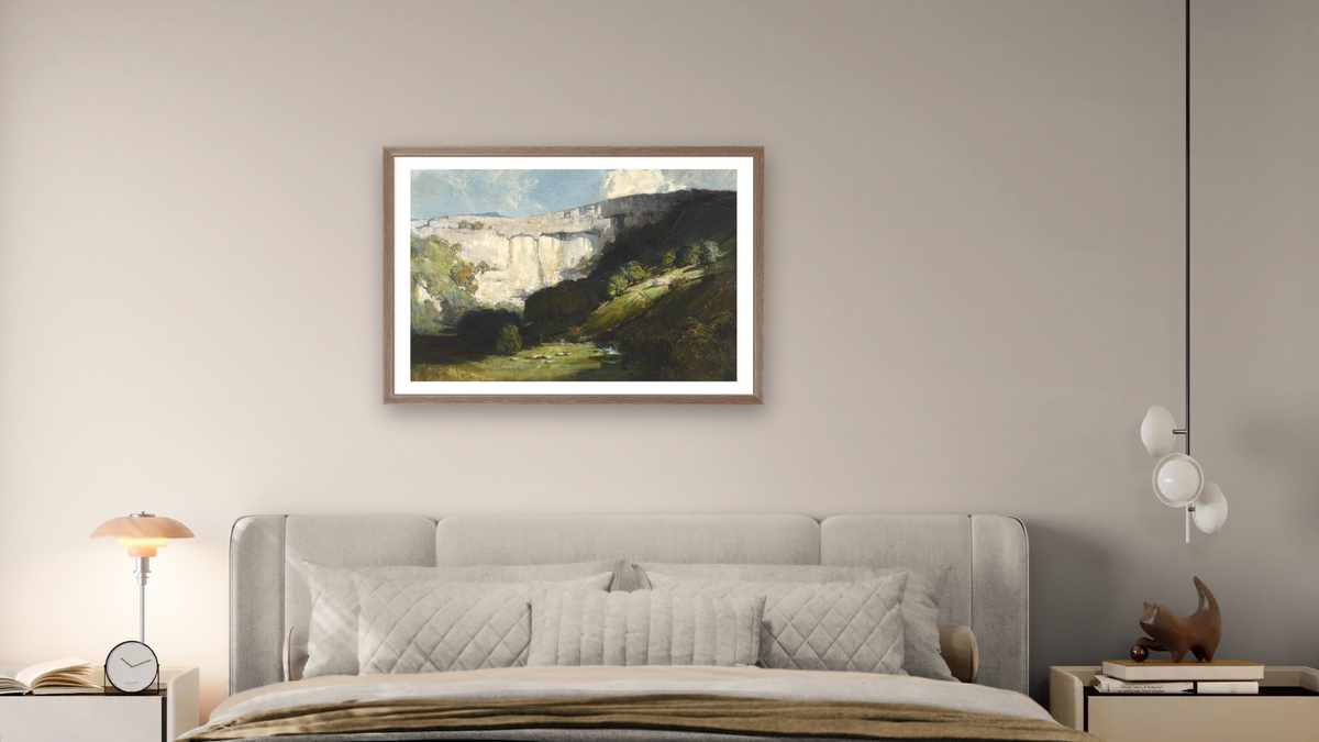 Malham Cove by Arthur Streeton, shown at 28 × 42 in (71.1 × 106.7 cm) in Arber Light Walnut, bedroom