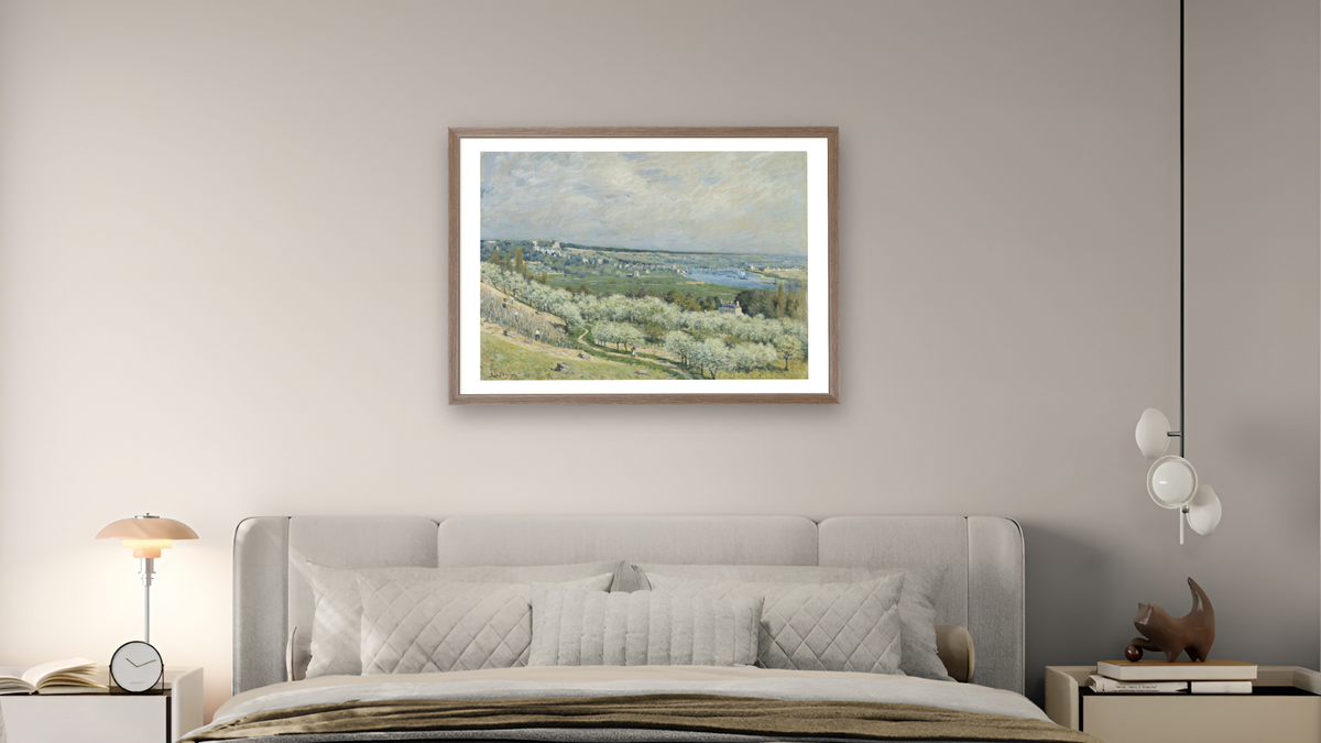 The Terrace at Saint-Germain, Spring by Alfred Sisley, shown at 28 × 42 in (71.1 × 106.7 cm) in Arber Light Walnut, bedroom