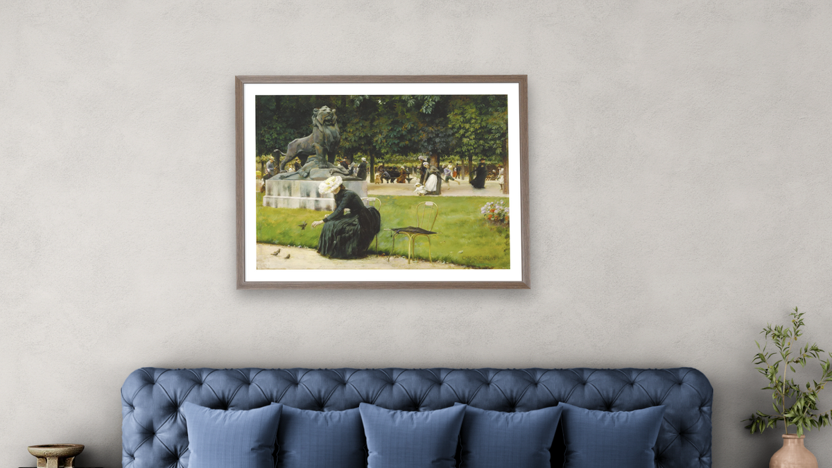 In the Luxembourg (Garden) by Charles Courtney Curran, shown at 30 × 40 in (76.2 × 101.6 cm) in Arber Light Walnut, bedroom