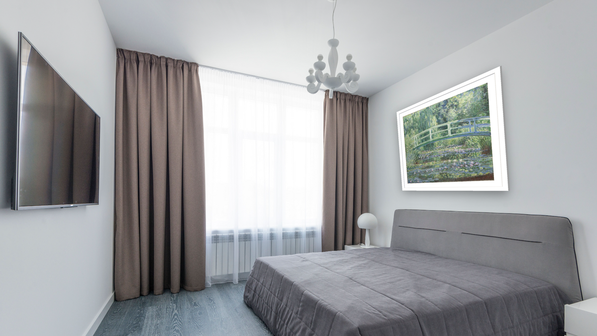 Water Lilies and Japanese Bridge by Claude Monet, shown at 31 × 32 in (78.7 × 81.3 cm) in Arber Light Walnut, bedroom