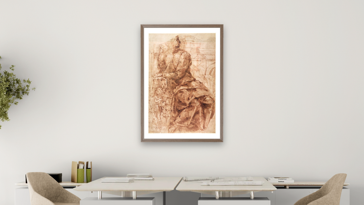 Study of Sibyl by Michelangelo Buonarroti, shown at 28 × 42 in (71.1 × 106.7 cm) in Arber Light Walnut, office