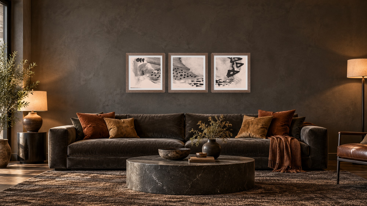 Triptych — Black White Set 4 × Black White Set 5 × Black White Set 6, shown at 16 × 16 in (40.6 × 40.6 cm) in Arber Light Walnut, den