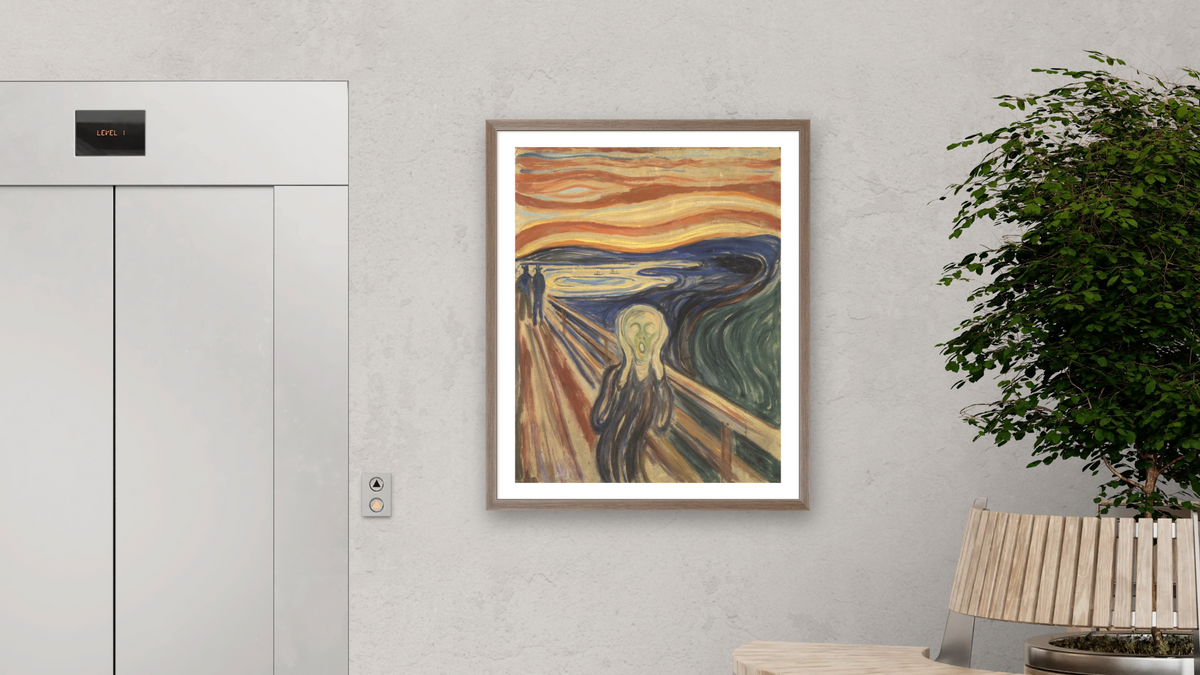 The Scream by Edvard Munch, shown at 32 × 40 in (81.3 × 101.6 cm) in Arber Light Walnut, office