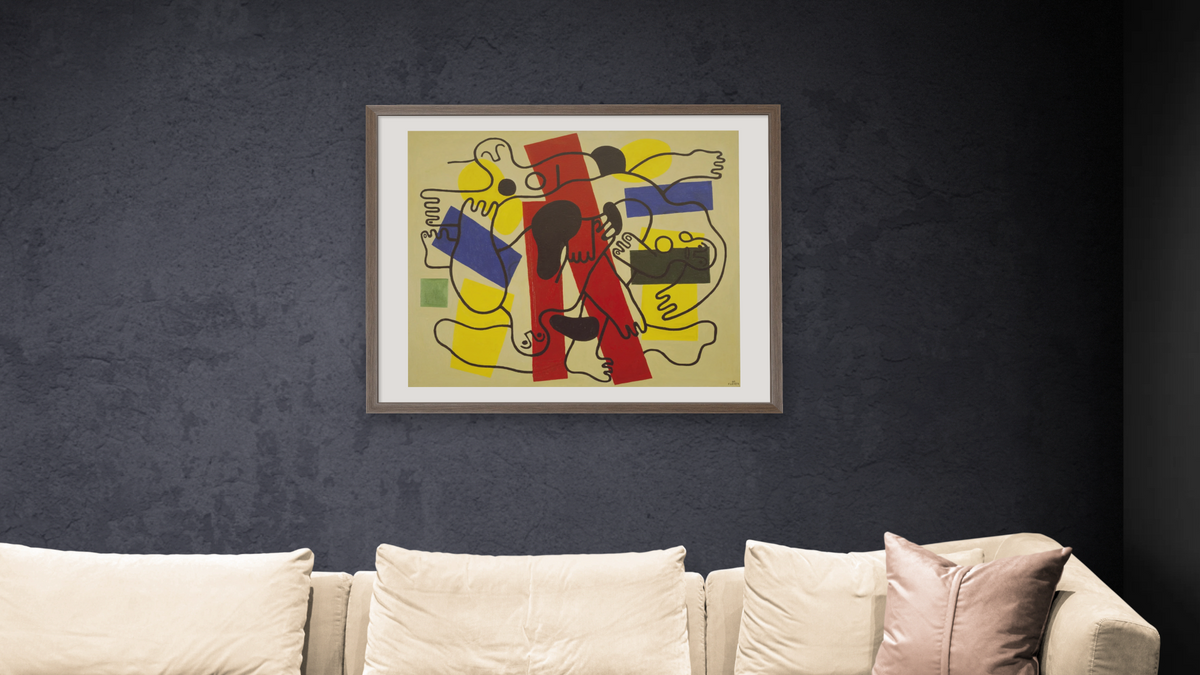 The Divers (Red and Black) by Fernand Léger, shown at 32 × 40 in (81.3 × 101.6 cm) in Arber Light Walnut, living