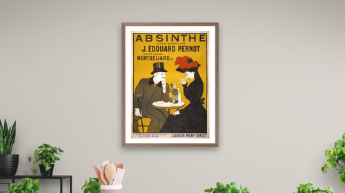 Absinthe poster by Leonetto Cappiello, shown at 30 × 40 in (76.2 × 101.6 cm) in Arber Light Walnut, dining [arteriel-render:v6:room_a:30x40@49,44]