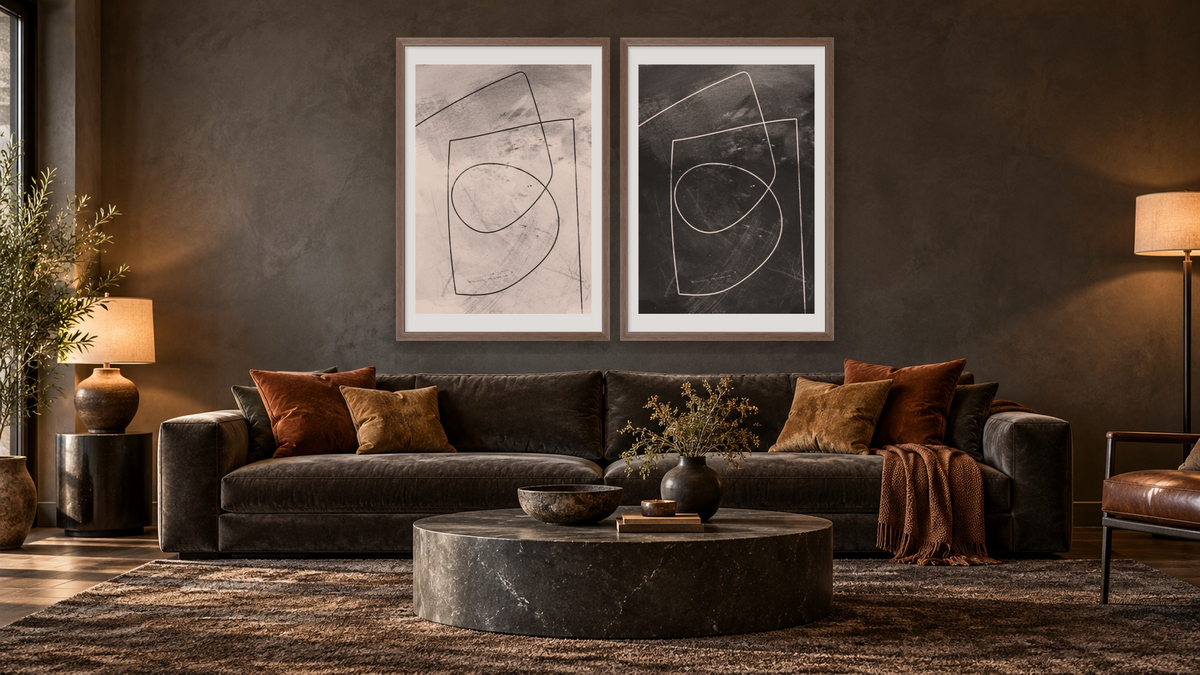 Diptych — Minimal Line 2 × Minimal Line 1, shown at 28 × 42 in (71.1 × 106.7 cm) in Arber Light Walnut, den