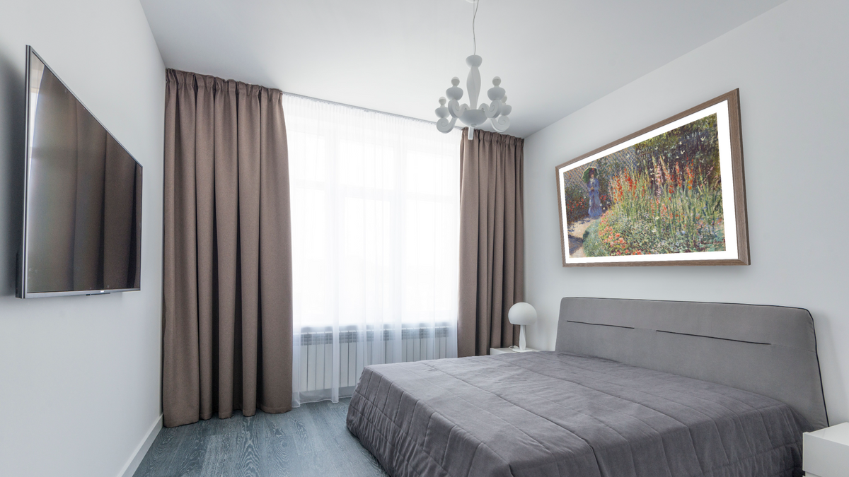 Gladioli by Claude Monet, shown at 29 × 40 in (73.7 × 101.6 cm) in Arber Light Walnut, bedroom