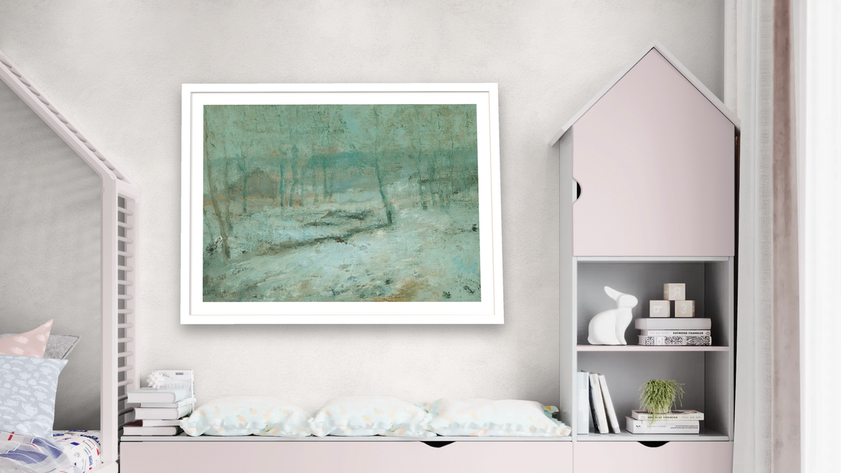 Snow Scene by John Henry Twachtman (American, 1853-1902), shown at 30 × 40 in (76.2 × 101.6 cm) in Arber Light Walnut, bedroom