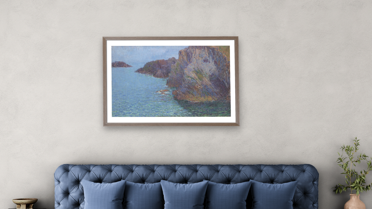 La Pointe de Morestil par mer calme (Calm Sea at Morestil Point) by John Peter Russell, shown at 28 × 42 in (71.1 × 106.7 cm) in Arber Light Walnut, bedroom