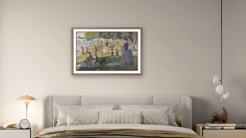 A Sunday on La Grande Jatte -- 1884 by Georges Seurat, shown at 28 × 42 in (71.1 × 106.7 cm) in Arber Light Walnut, bedroom [arteriel-render:v6:room_a:28x42@43,37]