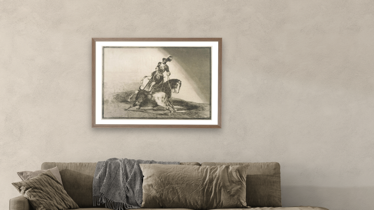 Charles Quint Lançant Un Taureau by Francisco José de Goya, shown at 28 × 42 in (71.1 × 106.7 cm) in Arber Light Walnut, living