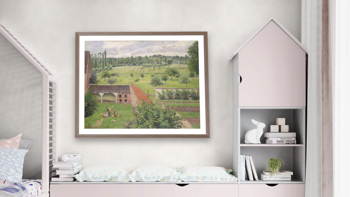 View from my Window, Éragny (Vue de ma fenêtre, Éragny) by Camille Pissarro, shown at 32 × 40 in (81.3 × 101.6 cm) in Arber Light Walnut, bedroom