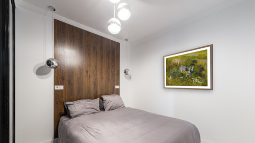 A Bit of Detail by John Leslie Breck, shown at 33 × 40 in (83.8 × 101.6 cm) in Arber Light Walnut, bedroom [arteriel-render:v6:room_a:33x40]