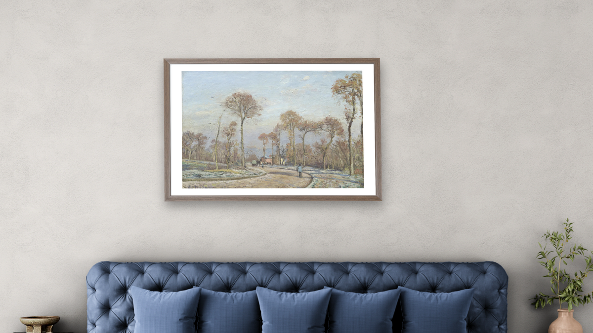 The Road to Versailles, Louveciennes: Morning Frost by Camille Pissarro, shown at 28 × 42 in (71.1 × 106.7 cm) in Arber Light Walnut, bedroom