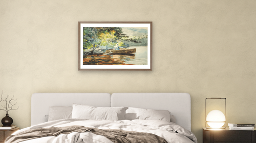 A Good One, Adirondacks by Winslow Homer, shown at 28 × 42 in (71.1 × 106.7 cm) in Arber Light Walnut, bedroom [arteriel-render:v6:room_a:28x42@45,32]