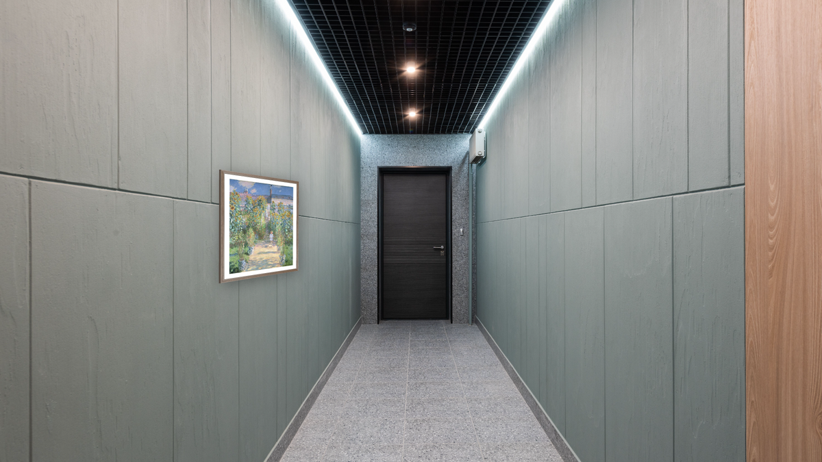 The Artist's Garden at Vetheuil by Claude Monet, shown at 32 × 40 in (81.3 × 101.6 cm) in Arber Light Walnut, hallway