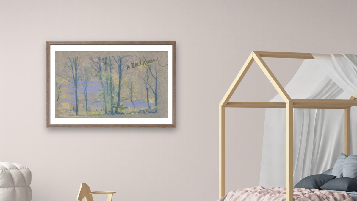 Landscape with trees from A.B. Davies book, edition #23/50 by Arthur Bowen Davies, shown at 28 × 42 in (71.1 × 106.7 cm) in Arber Light Walnut, bedroom