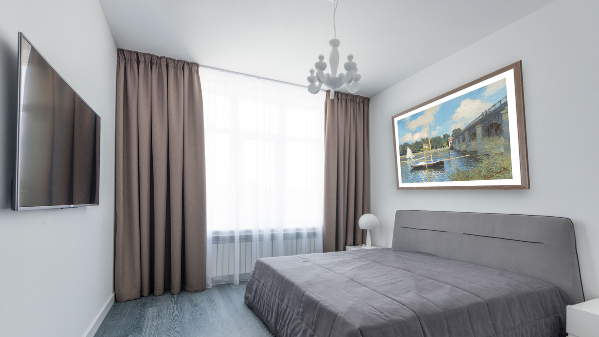 The Bridge at Argenteuil by Claude Monet, shown at 30 × 40 in (76.2 × 101.6 cm) in Arber Light Walnut, bedroom