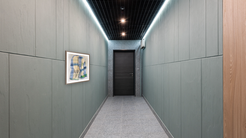 A Day In June by Catherine Gerke, shown at 33 × 40 in (83.8 × 101.6 cm) in Arber Light Walnut, hallway [arteriel-render:v6:room_a:33x40@32,49]