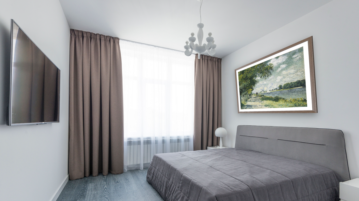 The Seine at Argenteuil by Claude Monet, shown at 30 × 40 in (76.2 × 101.6 cm) in Arber Light Walnut, bedroom