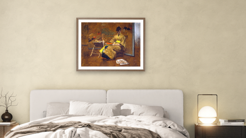 A Girl in Japanese Gown. The Kimono by William Merritt Chase, shown at 32 × 40 in (81.3 × 101.6 cm) in Arber Light Walnut, bedroom [arteriel-render:v6:room_a:32x40@45,32]