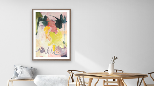 A Fleeting Moment by Katherine Bello, shown at 28 × 42 in (71.1 × 106.7 cm) in Arber Light Walnut, dining [arteriel-render:v6:room_a:28x42@33,40]