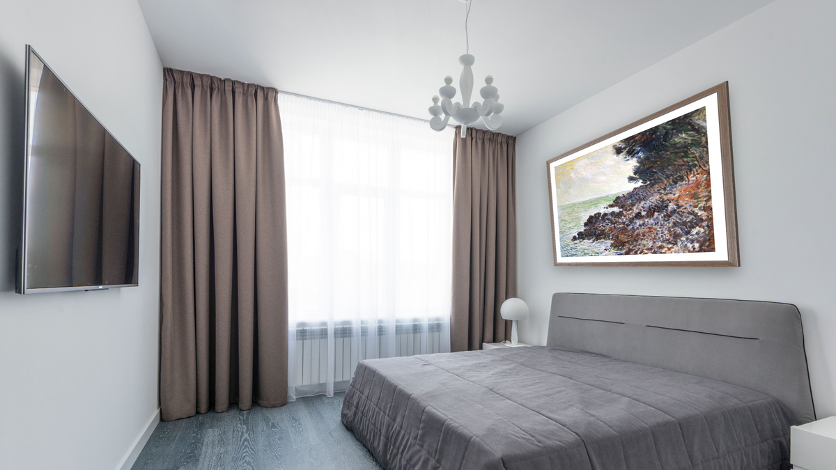 Cap Martin by Claude Monet, shown at 31 × 40 in (78.7 × 101.6 cm) in Arber Light Walnut, bedroom