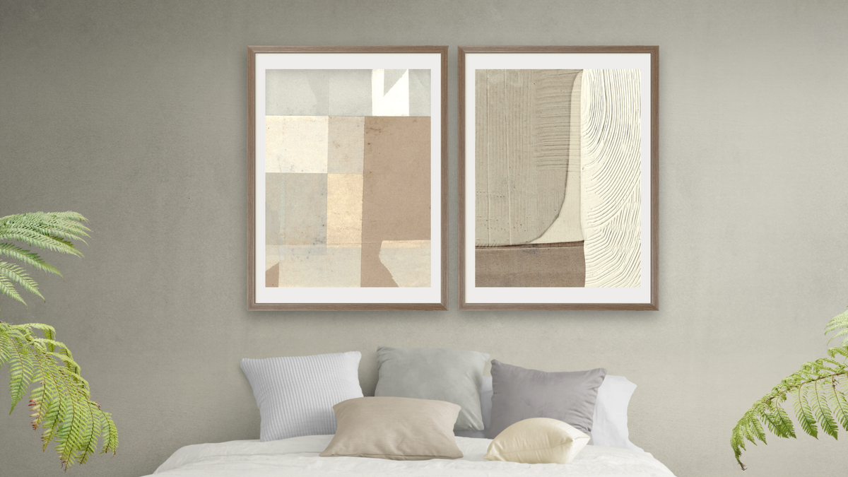 Diptych — Abstracted 1 × Abstracted 2, shown at 28 × 42 in (71.1 × 106.7 cm) in Arber Light Walnut, bedroom