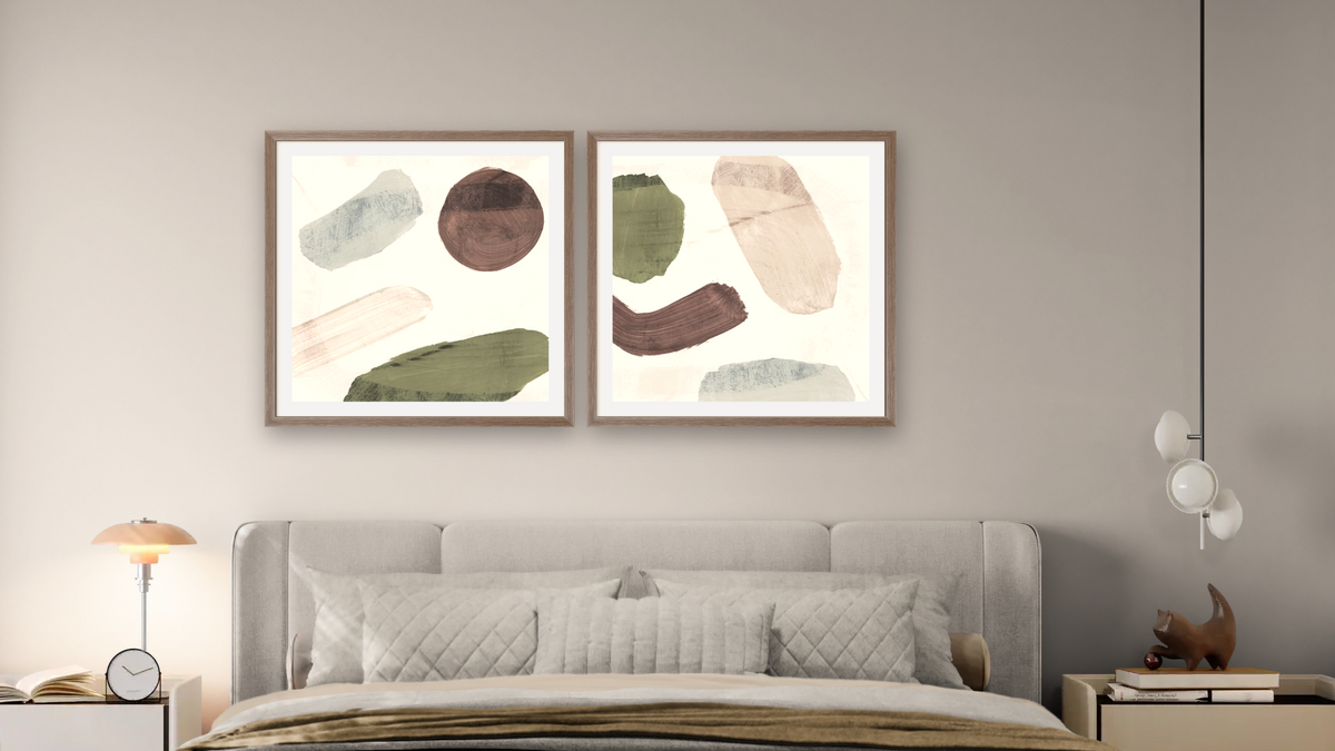 Diptych — Days 1 × Days 2, shown at 32 × 32 in (81.3 × 81.3 cm) in Arber Light Walnut, bedroom