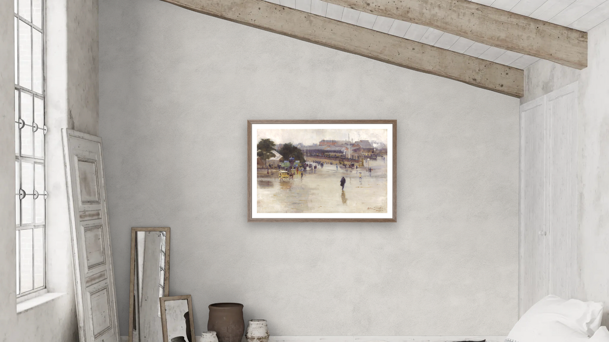 The railway station, Redfern by Arthur Streeton, shown at 28 × 42 in (71.1 × 106.7 cm) in Arber Light Walnut, bedroom