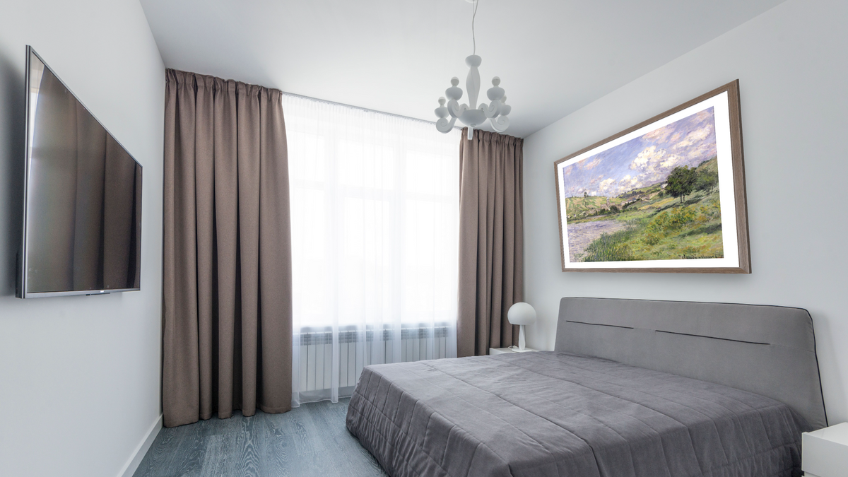 Landscape, Vetheuil by Claude Monet, shown at 32 × 40 in (81.3 × 101.6 cm) in Arber Light Walnut, bedroom