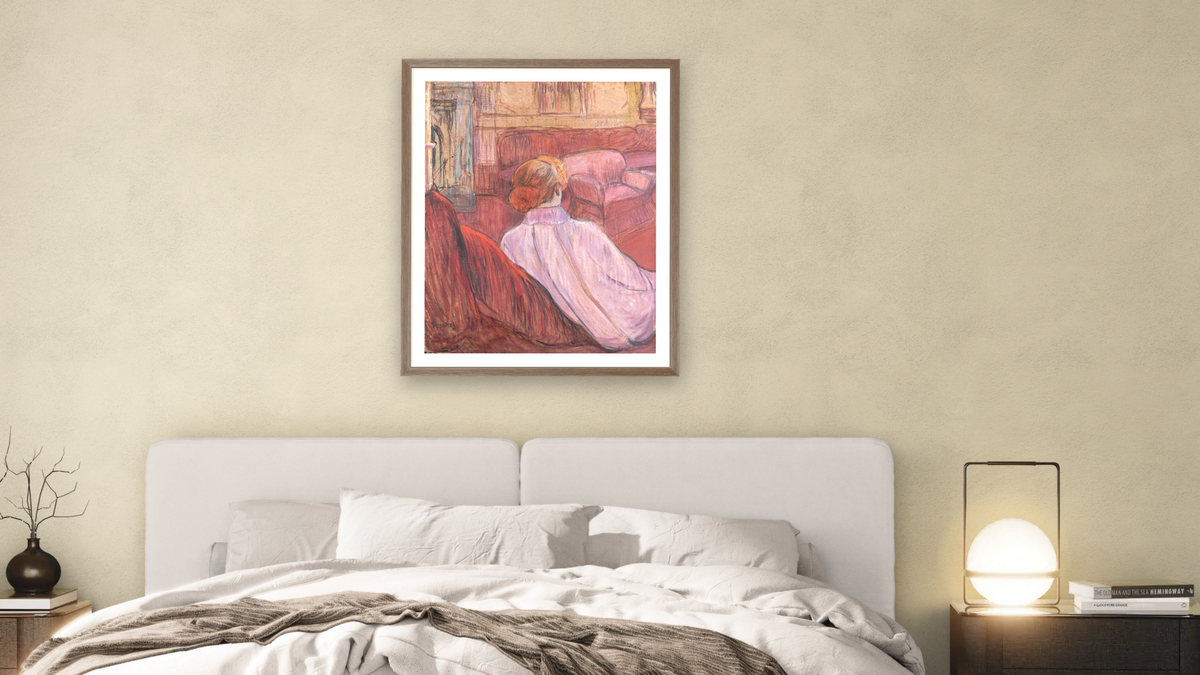 Woman Sat on a Red Settee by Henri de Toulouse-Lautrec, shown at 32 × 40 in (81.3 × 101.6 cm) in Arber Light Walnut, bedroom