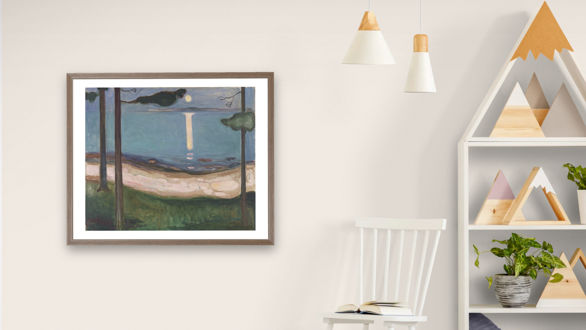 Moonlight by Edvard Munch, shown at 32 × 40 in (81.3 × 101.6 cm) in Arber Light Walnut, bedroom