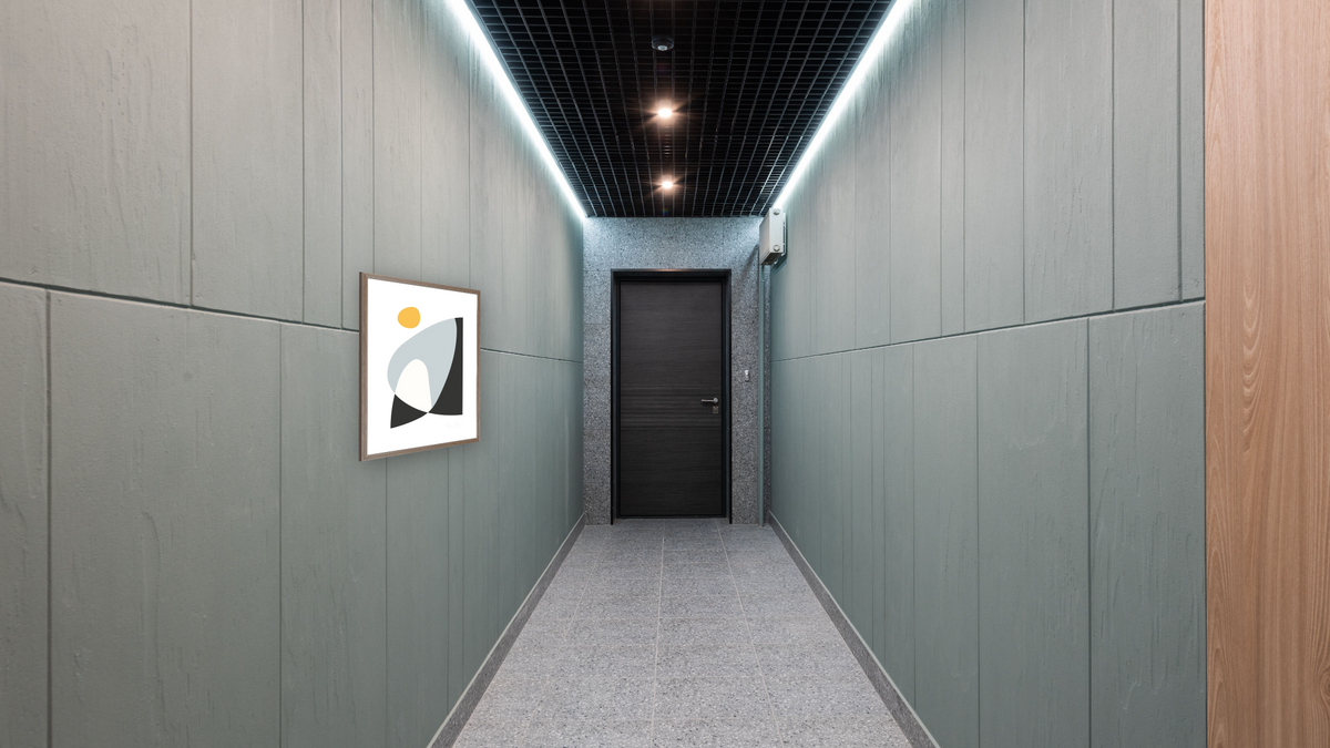 Dance by Dan Hobday, shown at 30 × 42 in (76.2 × 106.7 cm) in Arber Light Walnut, hallway