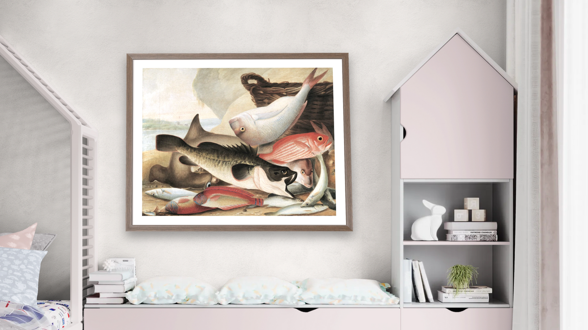 Fish Catch and Dawes Point, Sydney Harbour, shown at 32 × 40 in (81.3 × 101.6 cm) in Arber Light Walnut, bedroom