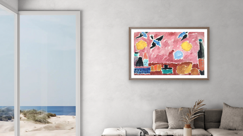 42-51913693 by Alexei Jawlensky, shown at 28 × 42 in (71.1 × 106.7 cm) in Arber Light Walnut, living [arteriel-render:v6:room_a:28x42@70,39]