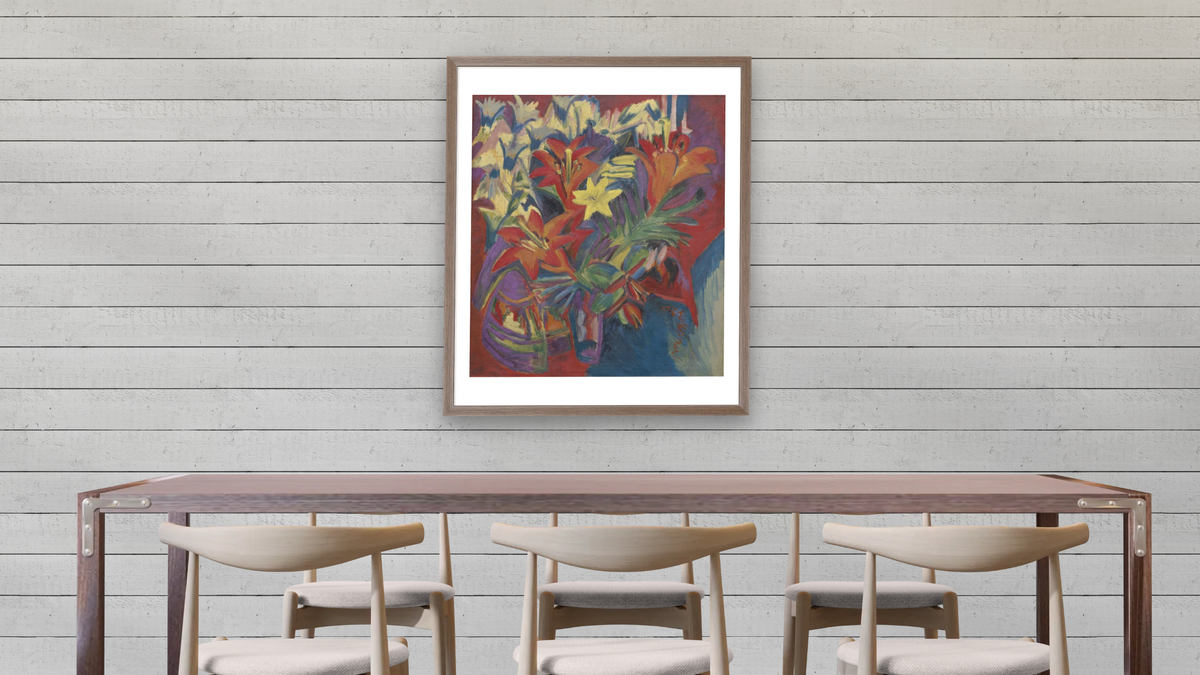 Still Life with Lilies by Ernst Ludwig Kirchner, shown at 32 × 40 in (81.3 × 101.6 cm) in Arber Light Walnut, dining