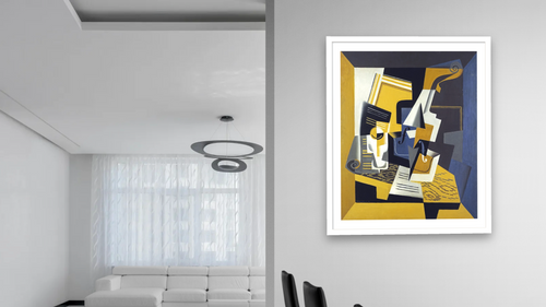 A Violin and Glass by Juan Gris, shown at 32 × 40 in (81.3 × 101.6 cm) in Arber Light Walnut, dining [arteriel-render:v6:room_a:32x40@75,44]