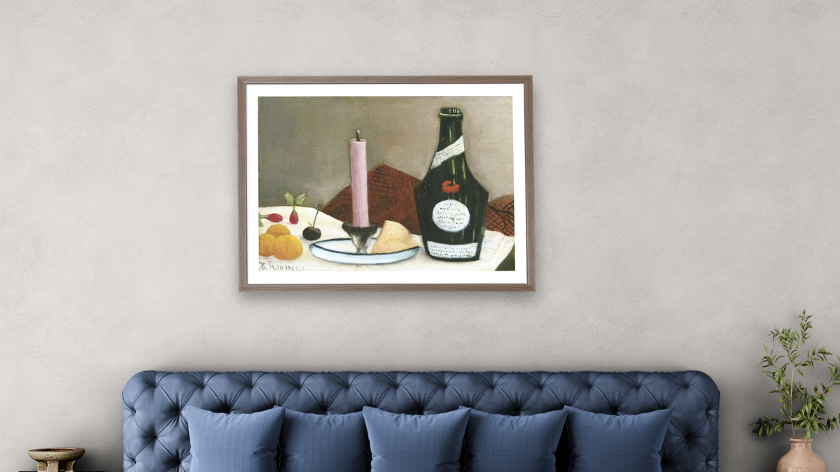 The Pink Candle by Henri Rousseau, shown at 30 × 40 in (76.2 × 101.6 cm) in Arber Light Walnut, bedroom