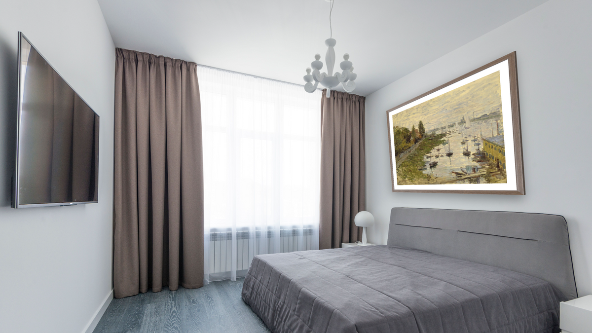 The Port of Argenteuil (Le Bassin de Argenteuil) by Claude Monet, shown at 34 × 40 in (86.4 × 101.6 cm) in Arber Light Walnut, bedroom