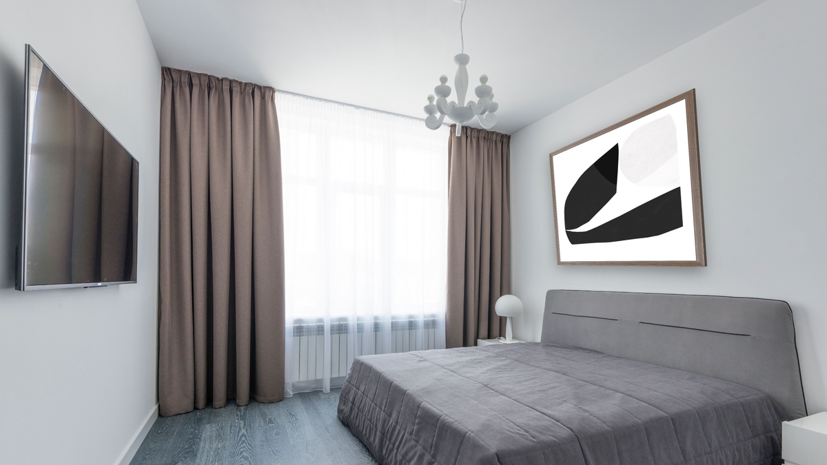 Minimal Shapes 3 by Dan Hobday, shown at 32 × 32 in (81.3 × 81.3 cm) in Arber Light Walnut, bedroom