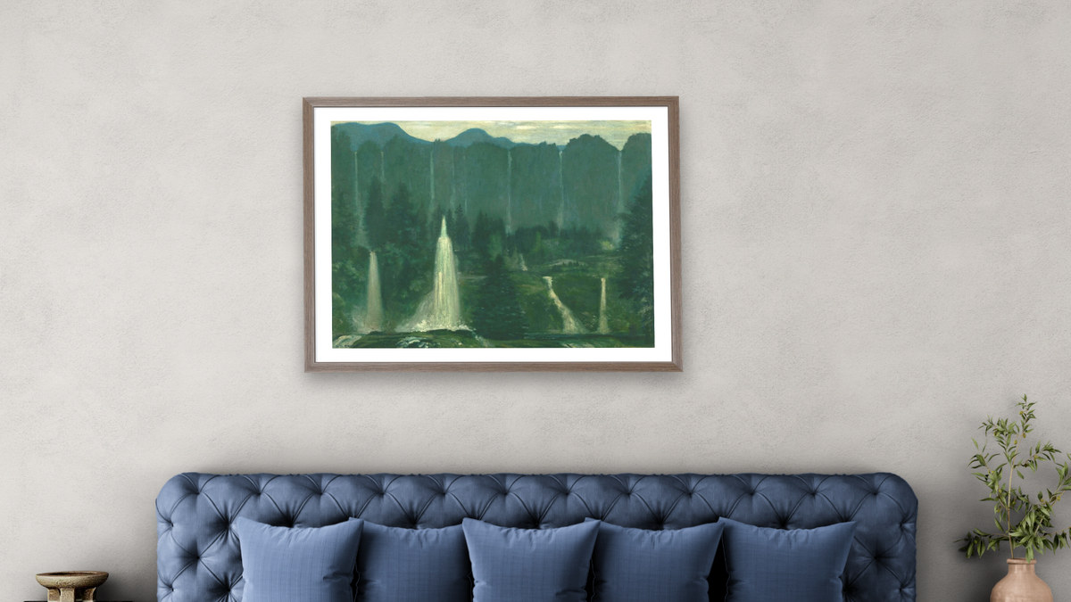 Many Waters (Waterfalls) by Arthur Bowen Davies, shown at 30 × 40 in (76.2 × 101.6 cm) in Arber Light Walnut, bedroom