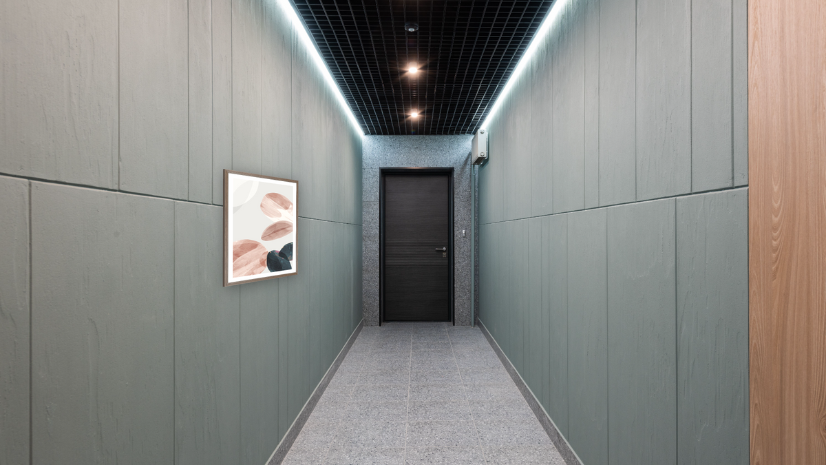 Calm by Dan Hobday, shown at 30 × 42 in (76.2 × 106.7 cm) in Arber Light Walnut, hallway