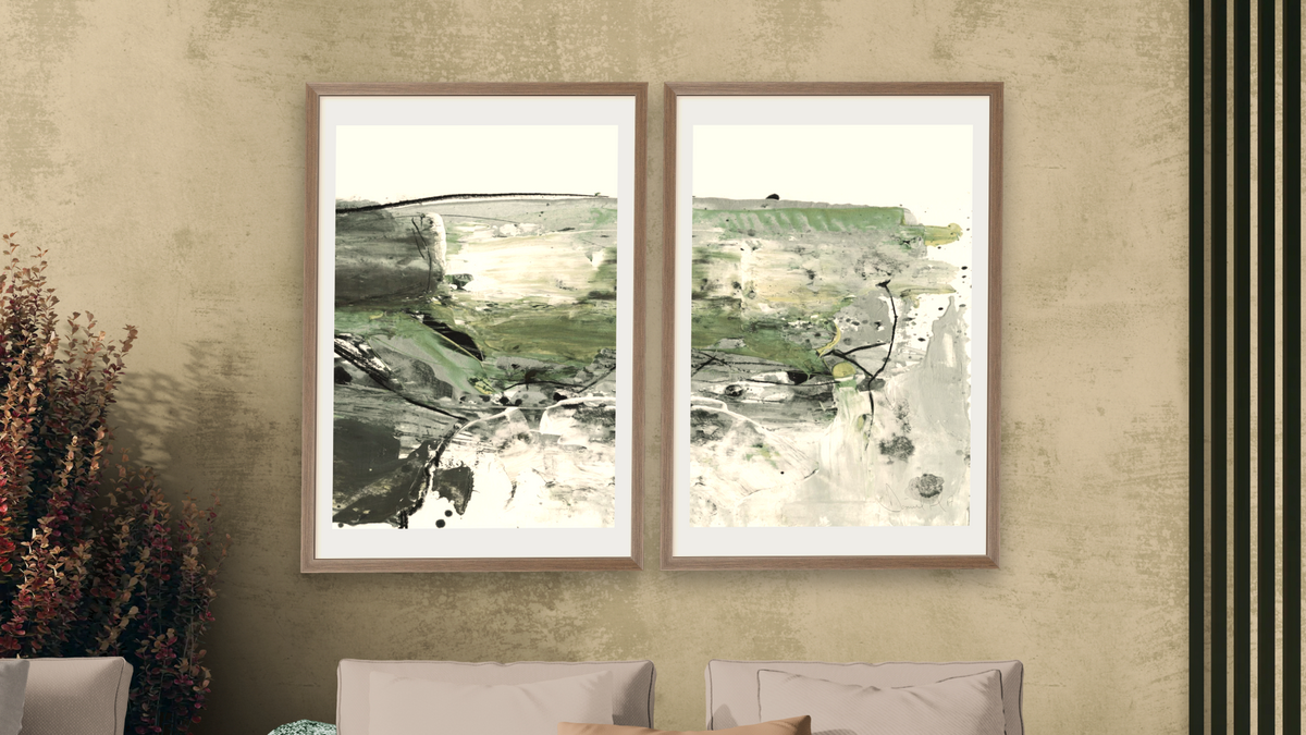 Diptych — Behold 1 × Behold 2, shown at 28 × 42 in (71.1 × 106.7 cm) in Arber Light Walnut, living