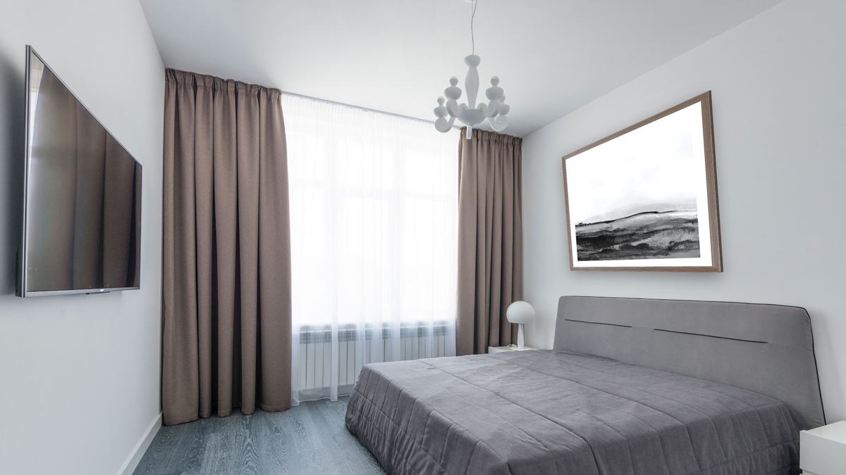 Mono Landscape 1 by Dan Hobday, shown at 32 × 32 in (81.3 × 81.3 cm) in Arber Light Walnut, bedroom