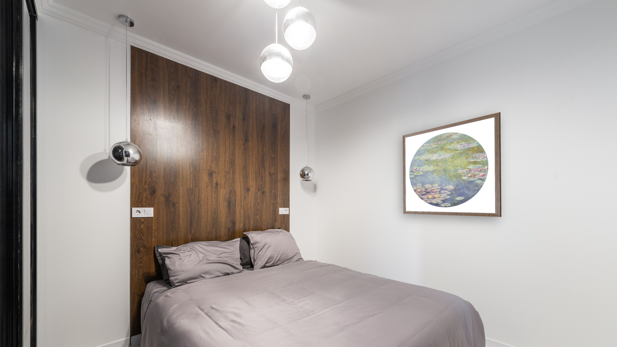 Water Lilies by Claude Monet, shown at 32 × 32 in (81.3 × 81.3 cm) in Arber Light Walnut, bedroom