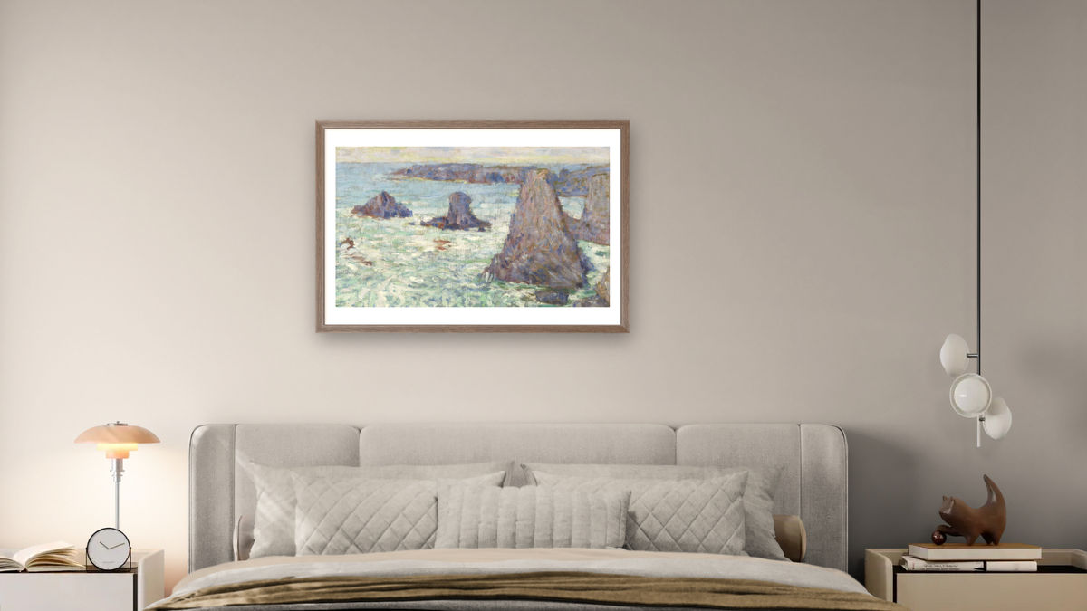 Les Aiguilles, Belle-Ile (The Needles, Belle-Ile) by John Peter Russell, shown at 28 × 42 in (71.1 × 106.7 cm) in Arber Light Walnut, bedroom