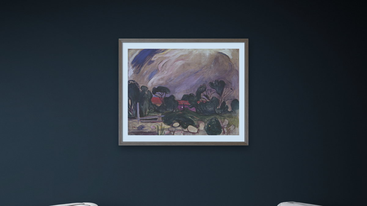 Stormy Landscape by Edvard Munch, shown at 32 × 40 in (81.3 × 101.6 cm) in Arber Light Walnut, office