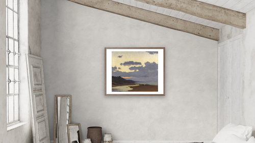 A Stormy Evening by Frank V. Dudley, shown at 32 × 40 in (81.3 × 101.6 cm) in Arber Light Walnut, bedroom [arteriel-render:v6:room_a:32x40@53,50]