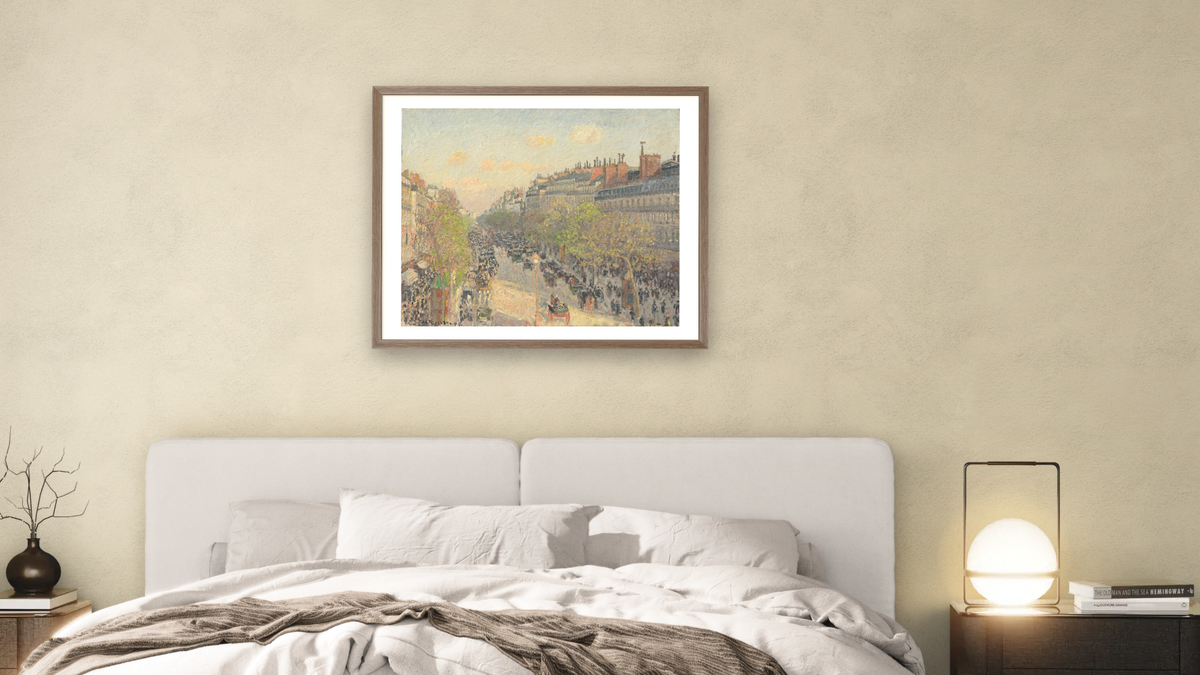 Boulevard Montmartre, Twilight by Camille Pissarro, shown at 32 × 40 in (81.3 × 101.6 cm) in Arber Light Walnut, bedroom
